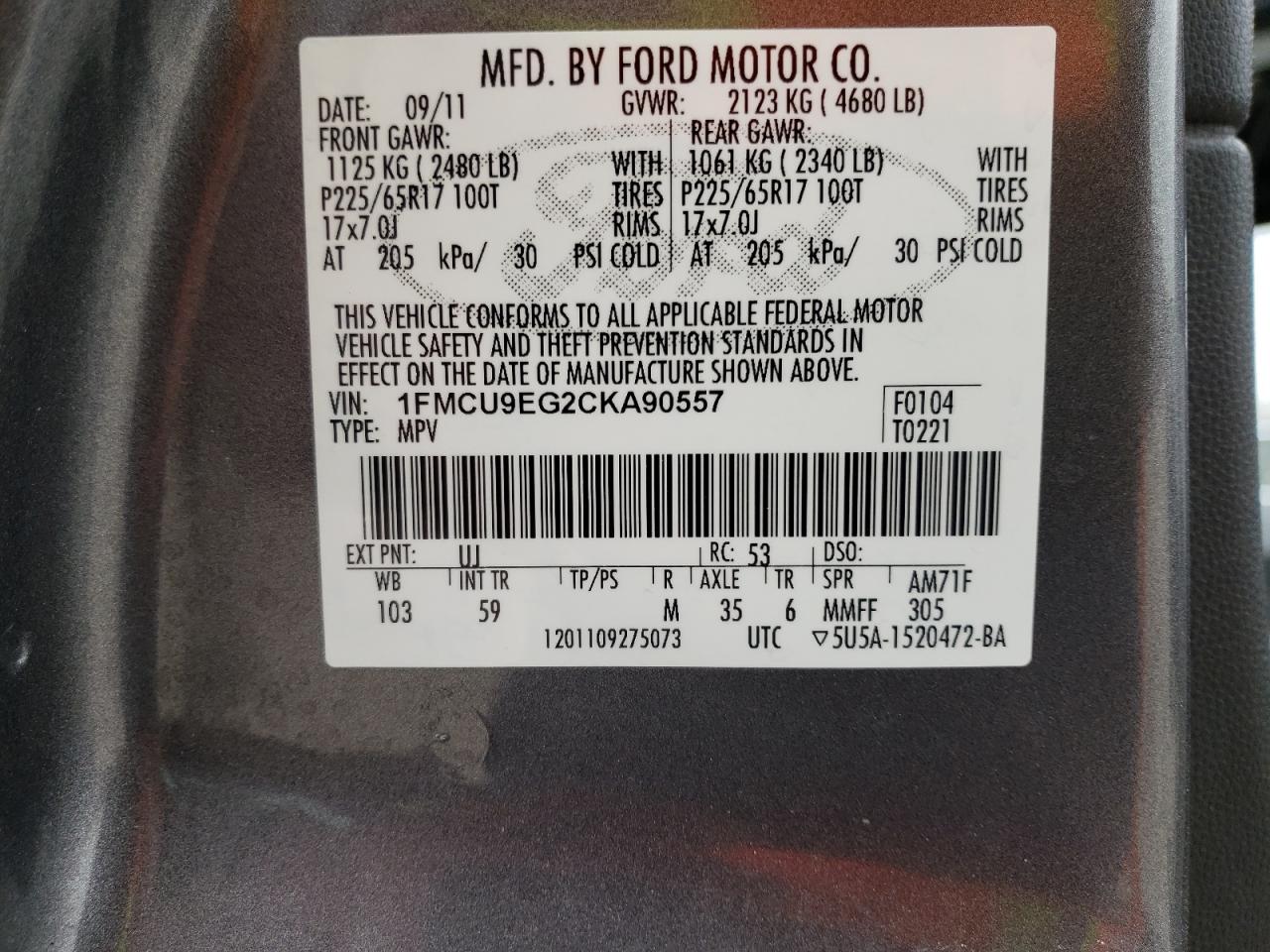 Photo 10 from auction – 2012 FORD ESCAPE LIM with VIN 1FMCU9EG2CKA90557