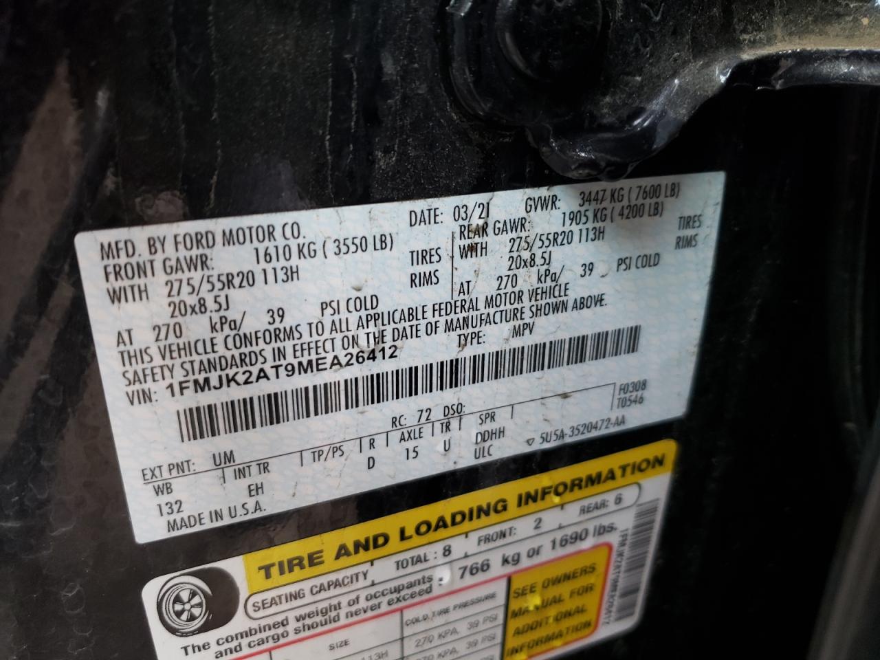 Photo 10 from auction – 2021 FORD EXPEDITION with VIN 1FMJK2AT9MEA26412