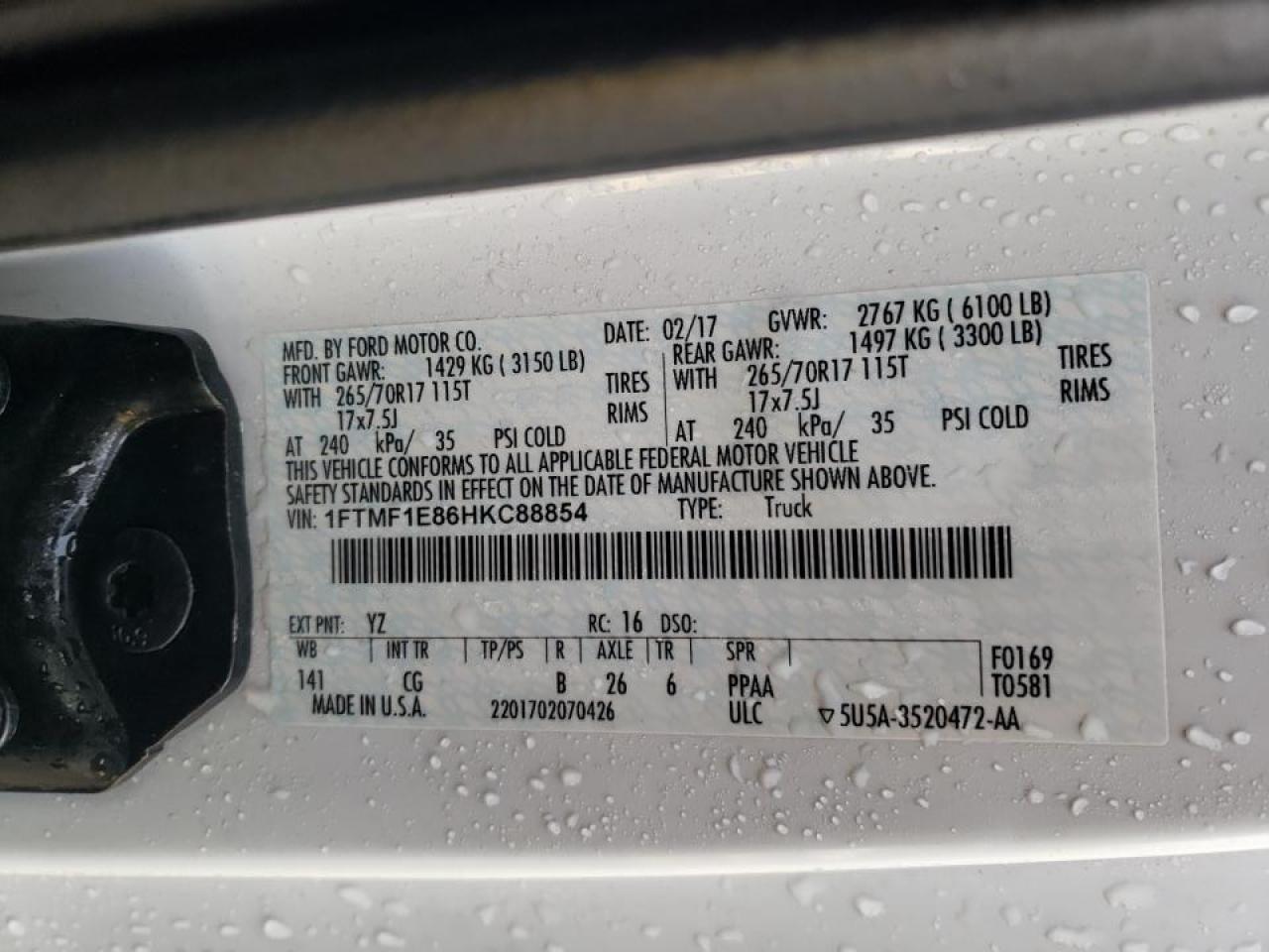 Photo 10 from auction – 2017 FORD F150 with VIN 1FTMF1E86HKC88854