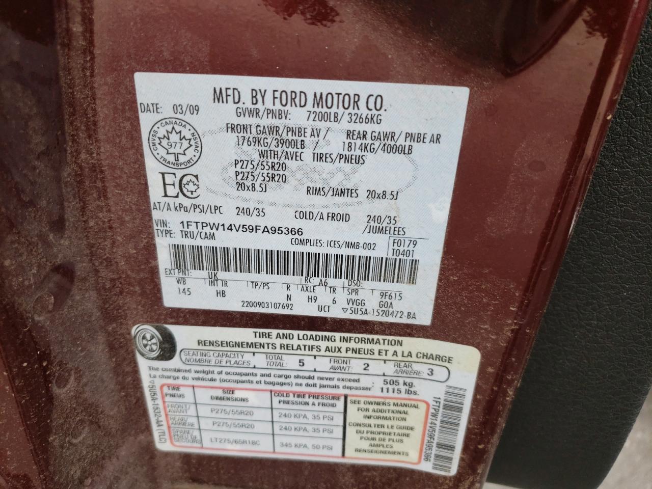 Photo 10 from auction – 2009 FORD F150 SUPER with VIN 1FTPW14V59FA95366