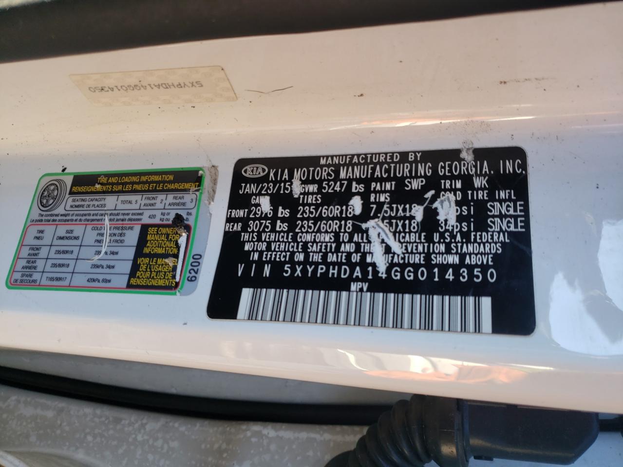 Photo 10 from auction – 2016 KIA SORENTO EX with VIN 5XYPHDA14GG014350