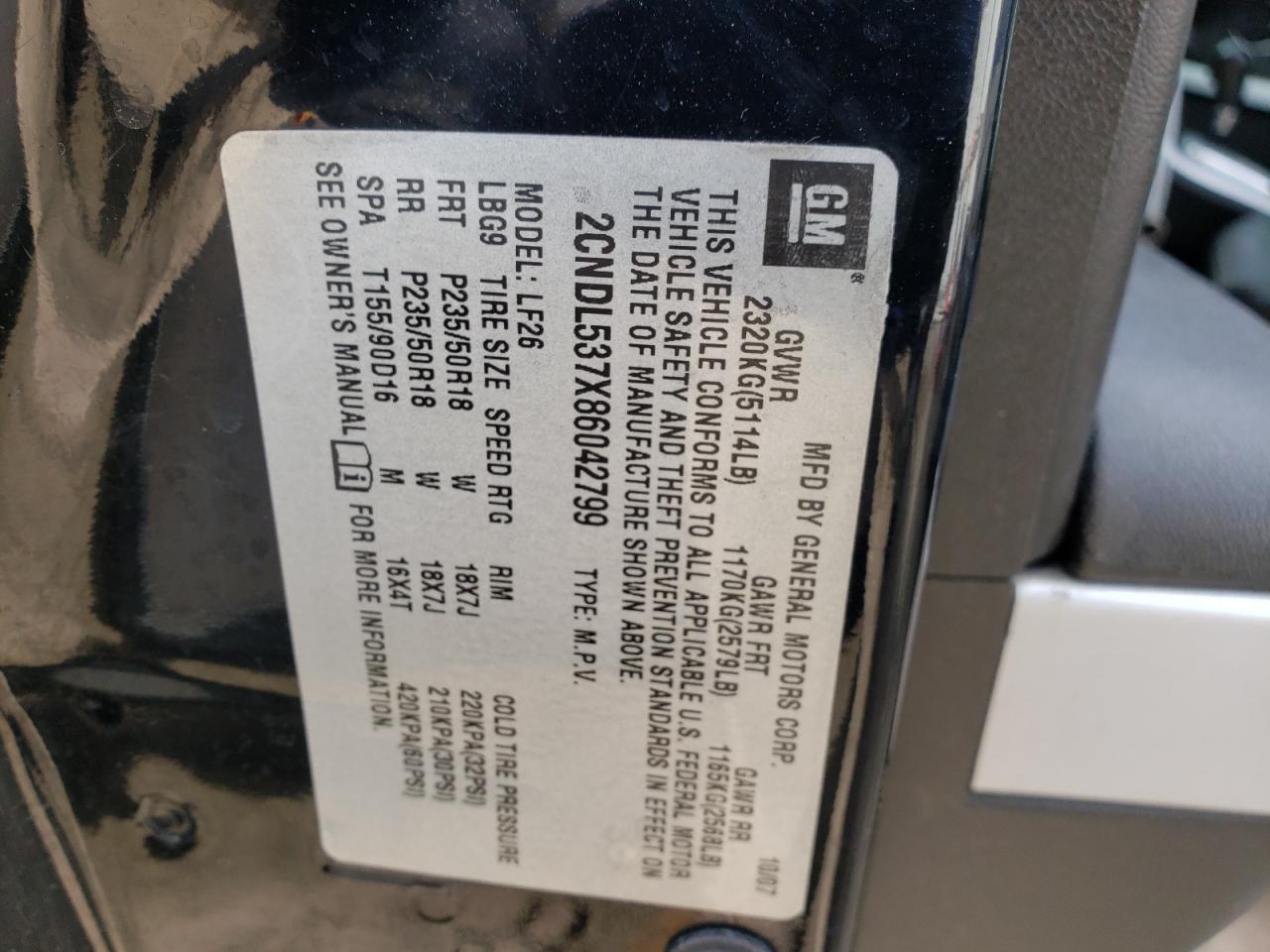 Photo 10 from auction – 2008 CHEVROLET EQUINOX SP with VIN 2CNDL537X86042799