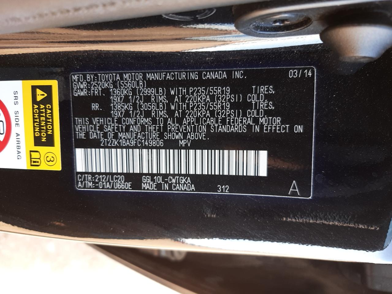 Photo 10 from auction – 2015 LEXUS RX 350 with VIN 2T2ZK1BA9FC149806