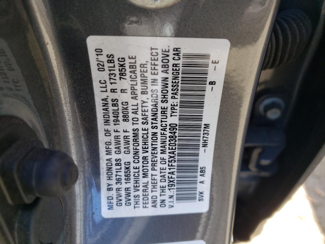 Photo 10 from auction – 2010 HONDA CIVIC LX with VIN 19XFA1F5XAE038490