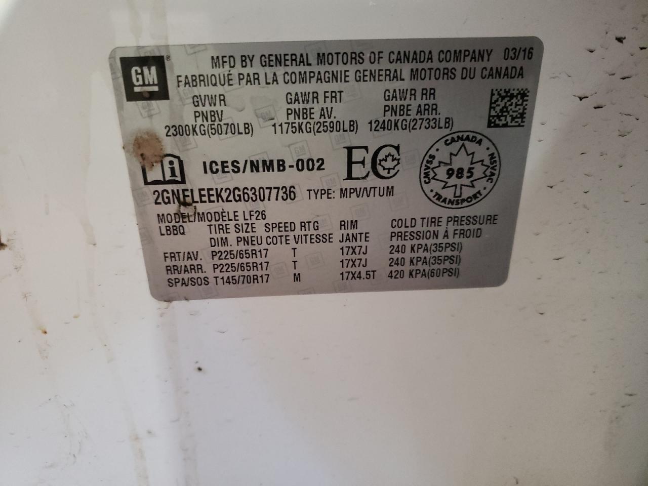 Photo 10 from auction – 2016 CHEVROLET EQUINOX LS with VIN 2GNFLEEK2G6307736