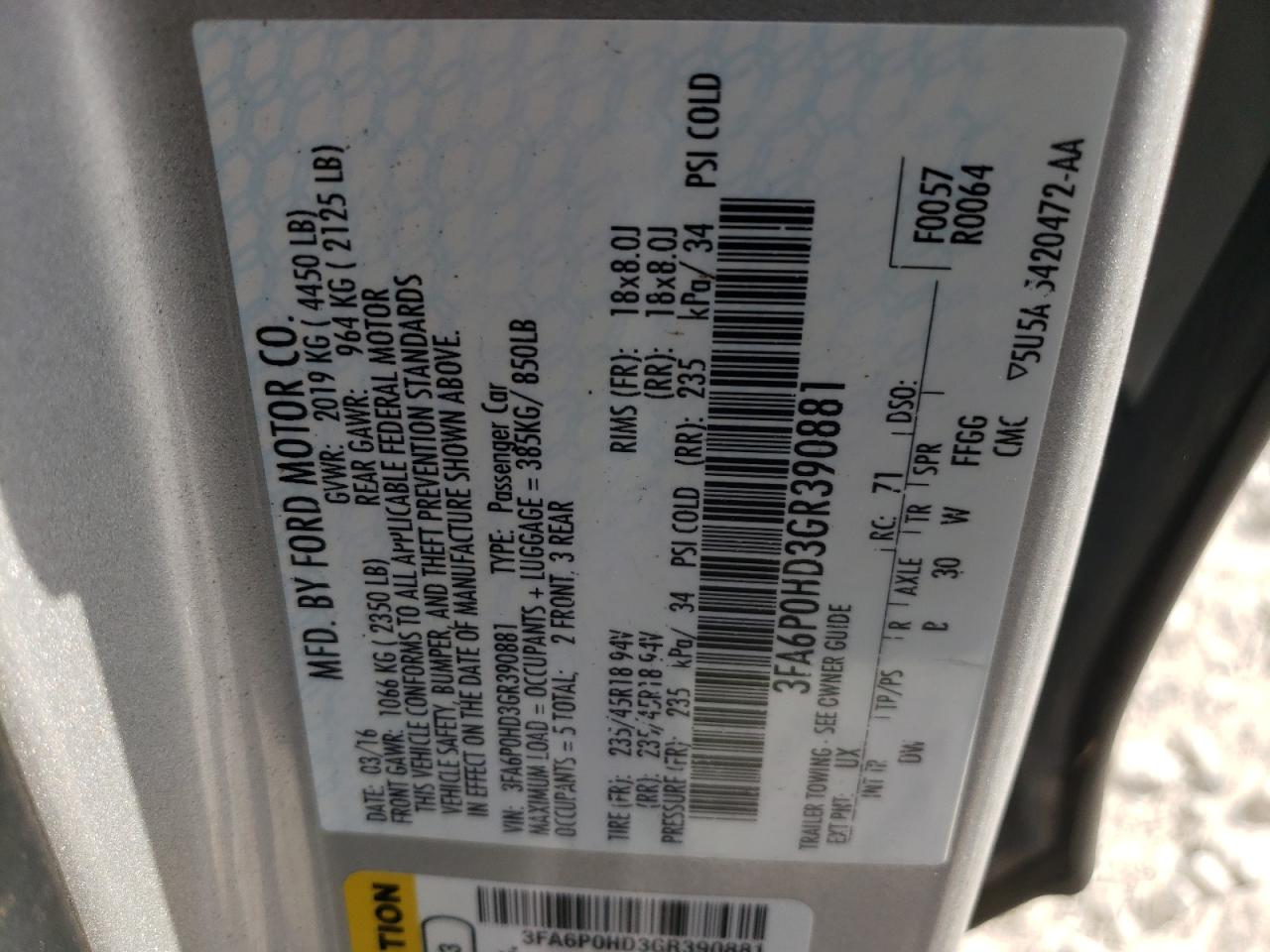Photo 10 from auction – 2016 FORD FUSION SE with VIN 3FA6P0HD3GR390881