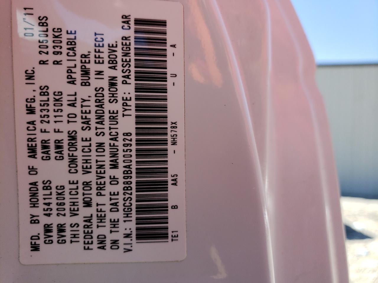 Photo 10 from auction – 2011 HONDA ACCORD EXL with VIN 1HGCS2B89BA005928