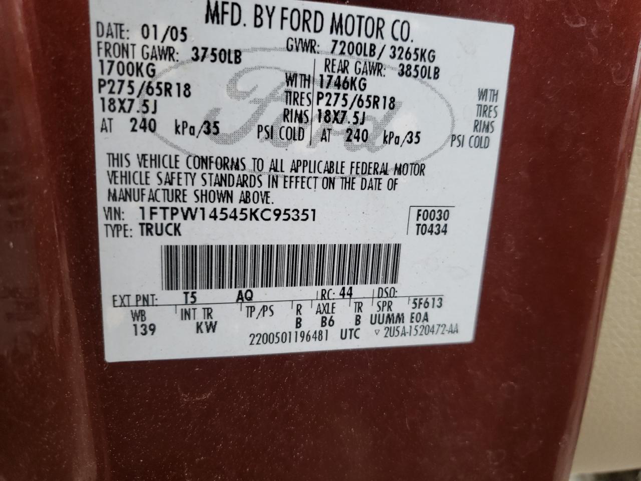 Photo 10 from auction – 2005 FORD F150 SUPER with VIN 1FTPW14545KC95351