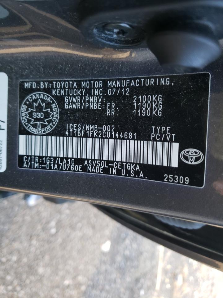 Photo 10 from auction – 2012 TOYOTA CAMRY BASE with VIN 4T1BF1FK2CU144681
