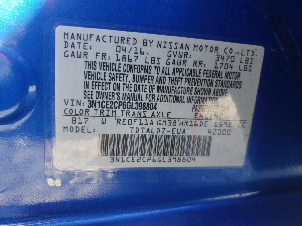 Photo 10 from auction – 2016 NISSAN VERSA NOTE with VIN 3N1CE2CP6GL398804
