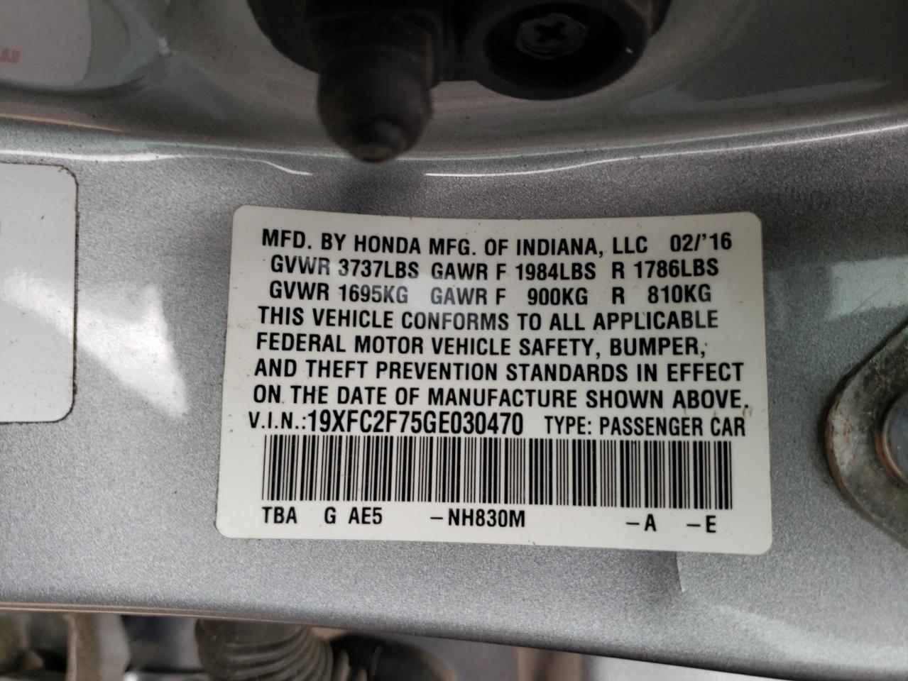 Photo 10 from auction – 2016 HONDA CIVIC EX with VIN 19XFC2F75GE030470