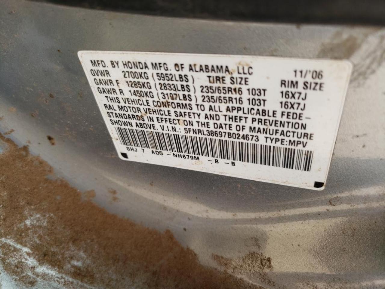 Photo 10 from auction – 2007 HONDA ODYSSEY EX with VIN 5FNRL38697B024673