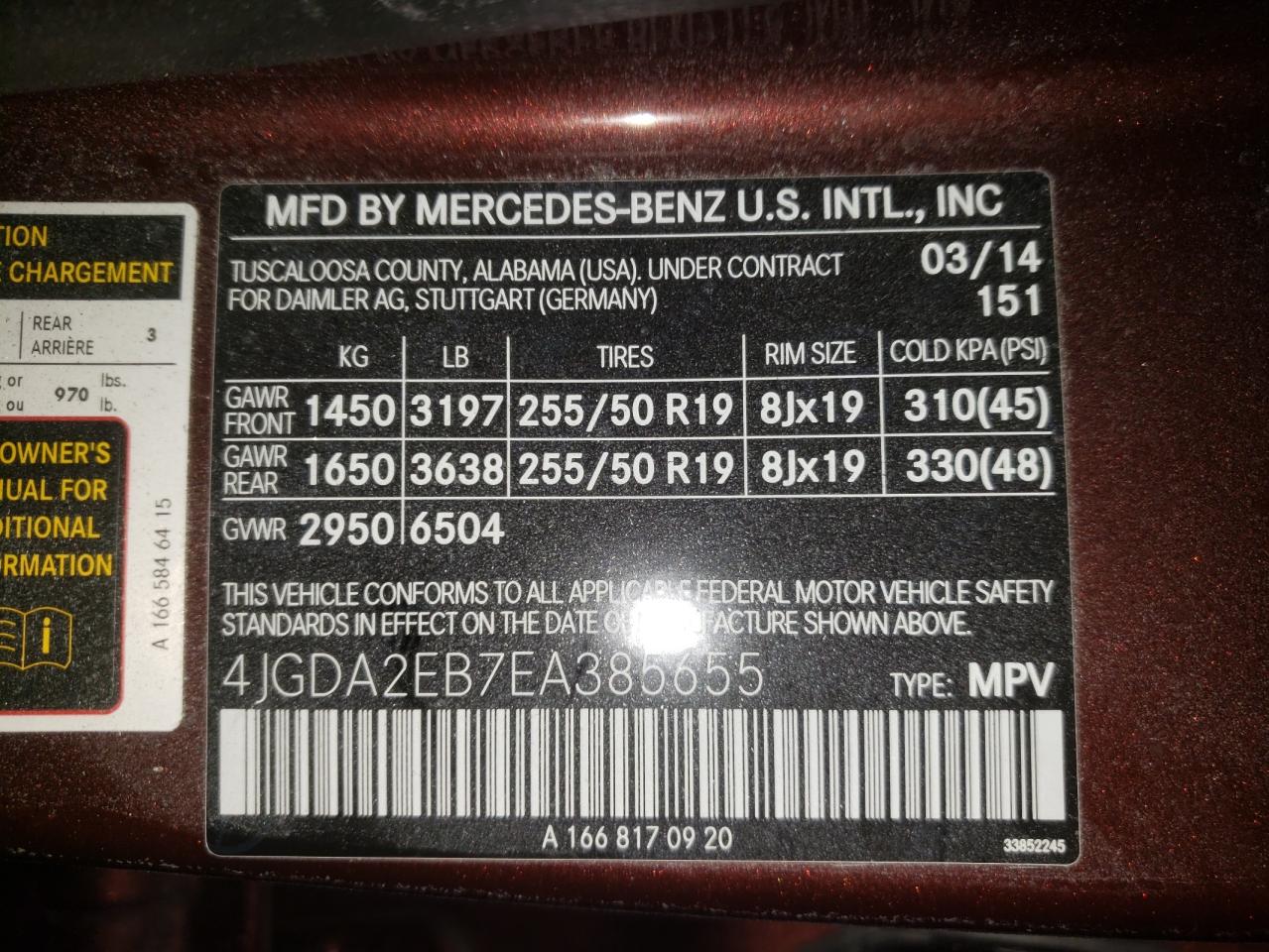 Photo 10 from auction – 2014 MERCEDES-BENZ ML 350 BLU with VIN 4JGDA2EB7EA385655