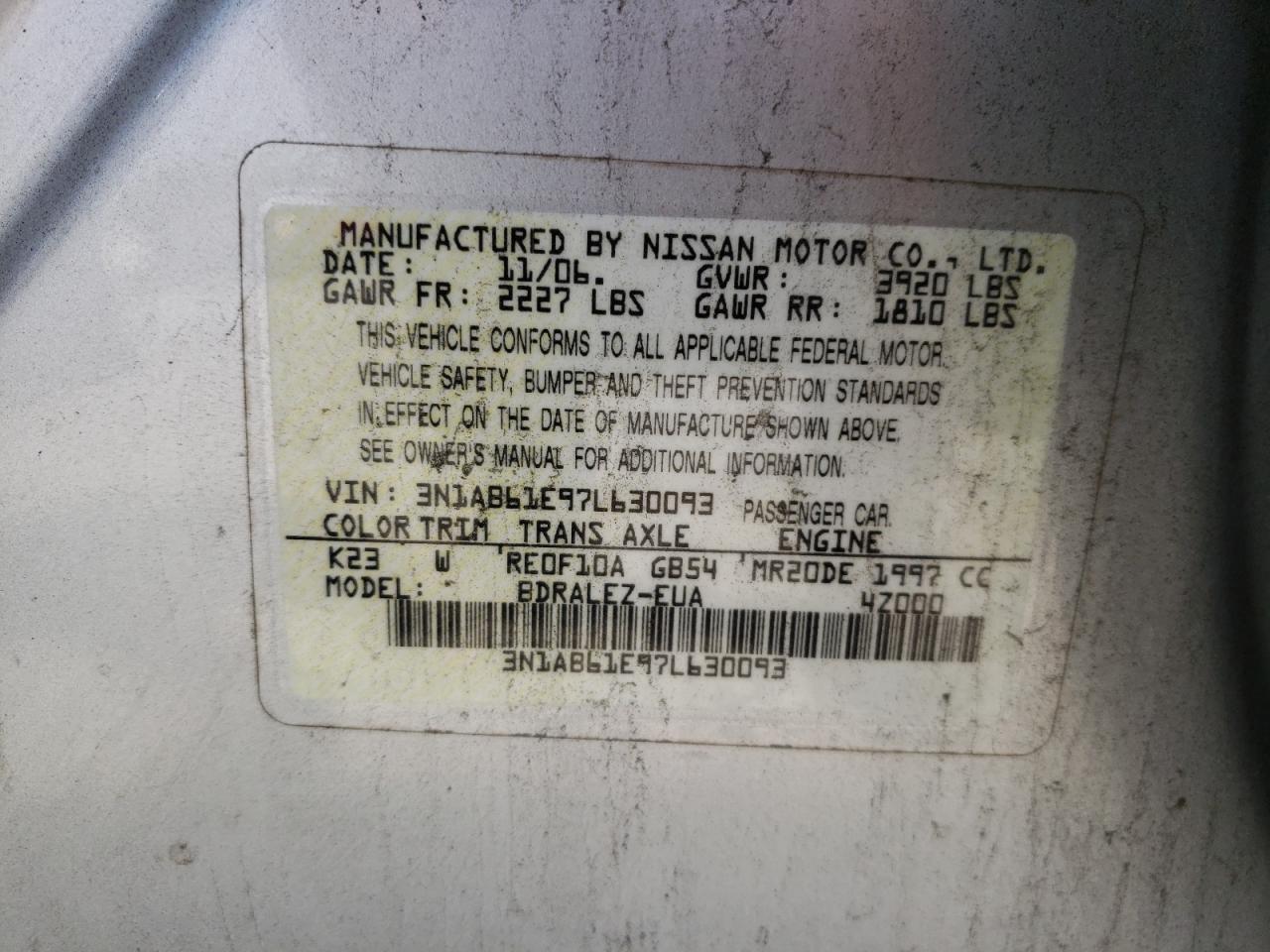 Photo 10 from auction – 2007 NISSAN SENTRA 2.0 with VIN 3N1AB61E97L630093
