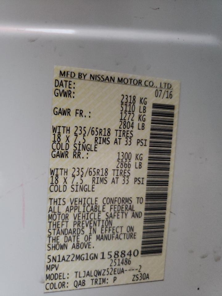 Photo 10 from auction – 2016 NISSAN MURANO S with VIN 5N1AZ2MG1GN158840