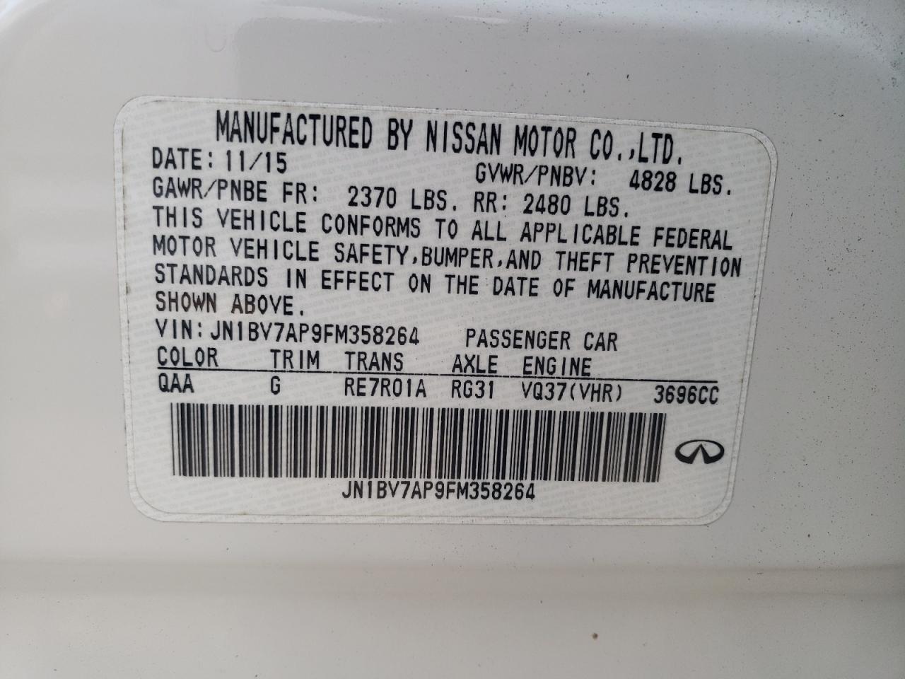 Photo 10 from auction – 2015 INFINITI Q50 BASE with VIN JN1BV7AP9FM358264