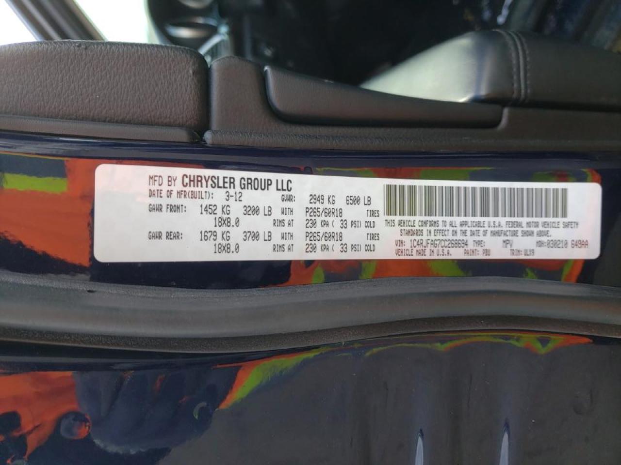 Photo 10 from auction – 2012 JEEP GRAND CHER with VIN 1C4RJFAG7CC268694