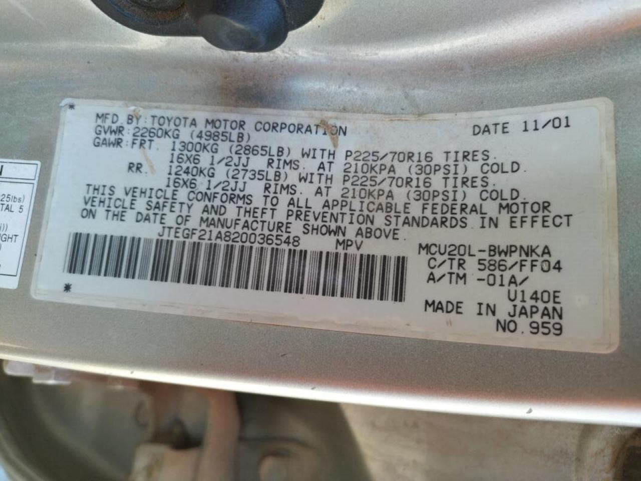 Photo 10 from auction – 2002 TOYOTA HIGHLANDER with VIN JTEGF21A820036548