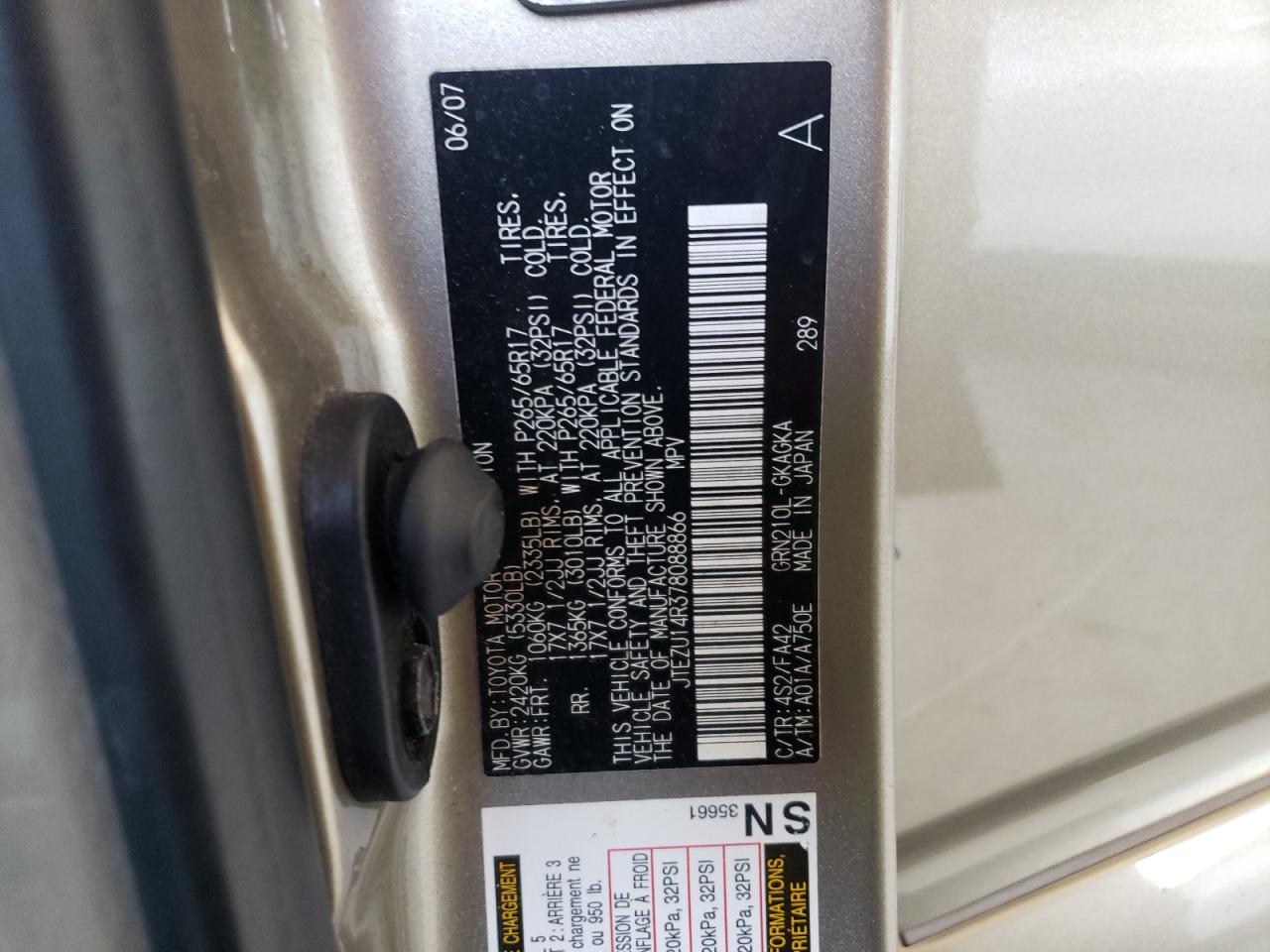 Photo 10 from auction – 2007 TOYOTA 4RUNNER SR with VIN JTEZU14R378088866