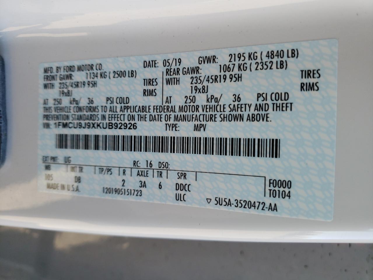 Photo 10 from auction – 2019 FORD ESCAPE TIT with VIN 1FMCU9J9XKUB92926