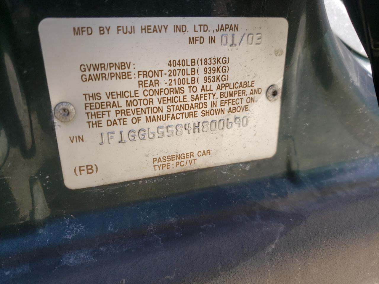 Photo 10 from auction – 2004 SUBARU IMPREZA TS with VIN JF1GG65584H800690