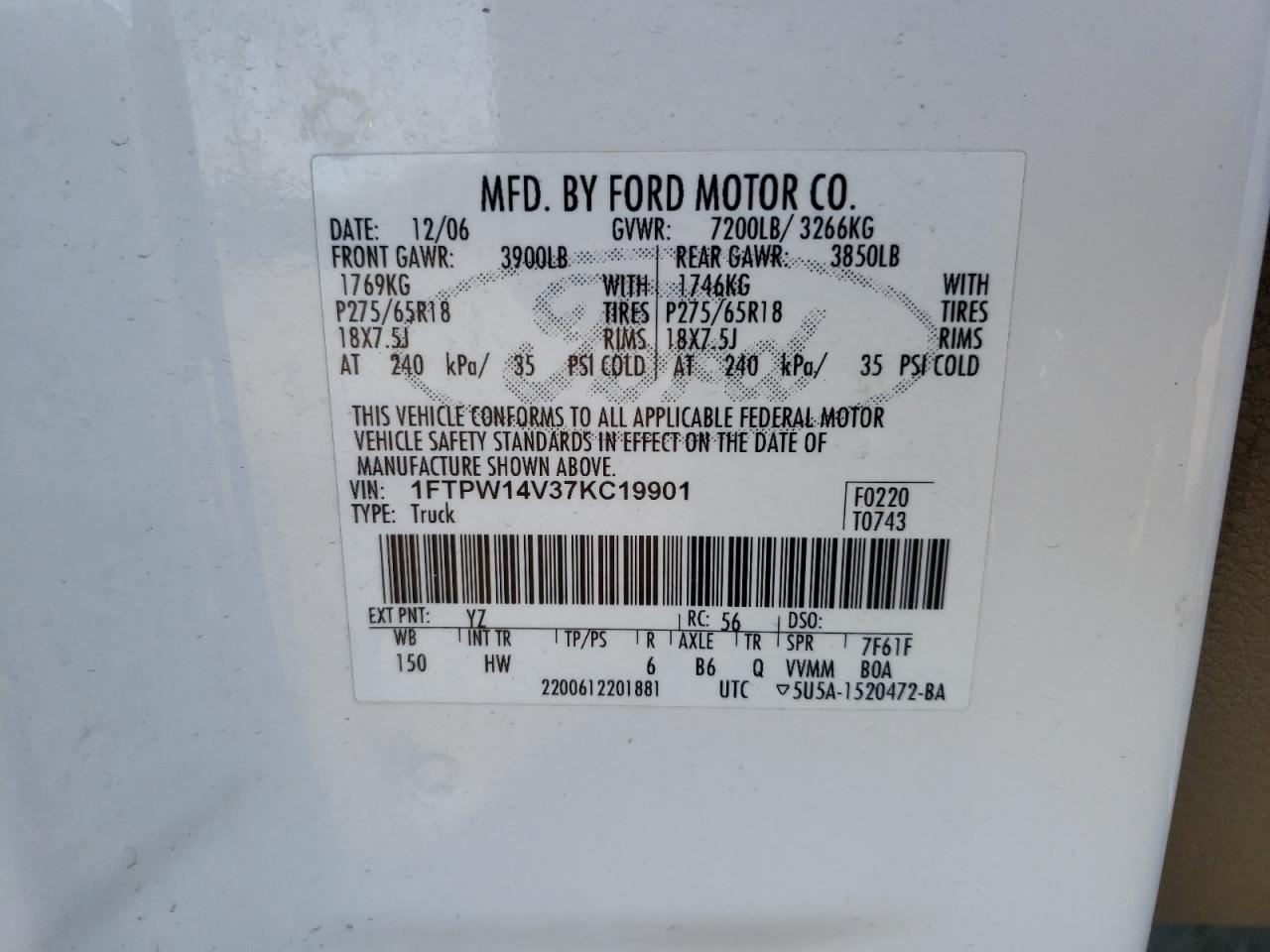 Photo 10 from auction – 2007 FORD F150 SUPER with VIN 1FTPW14V37KC19901