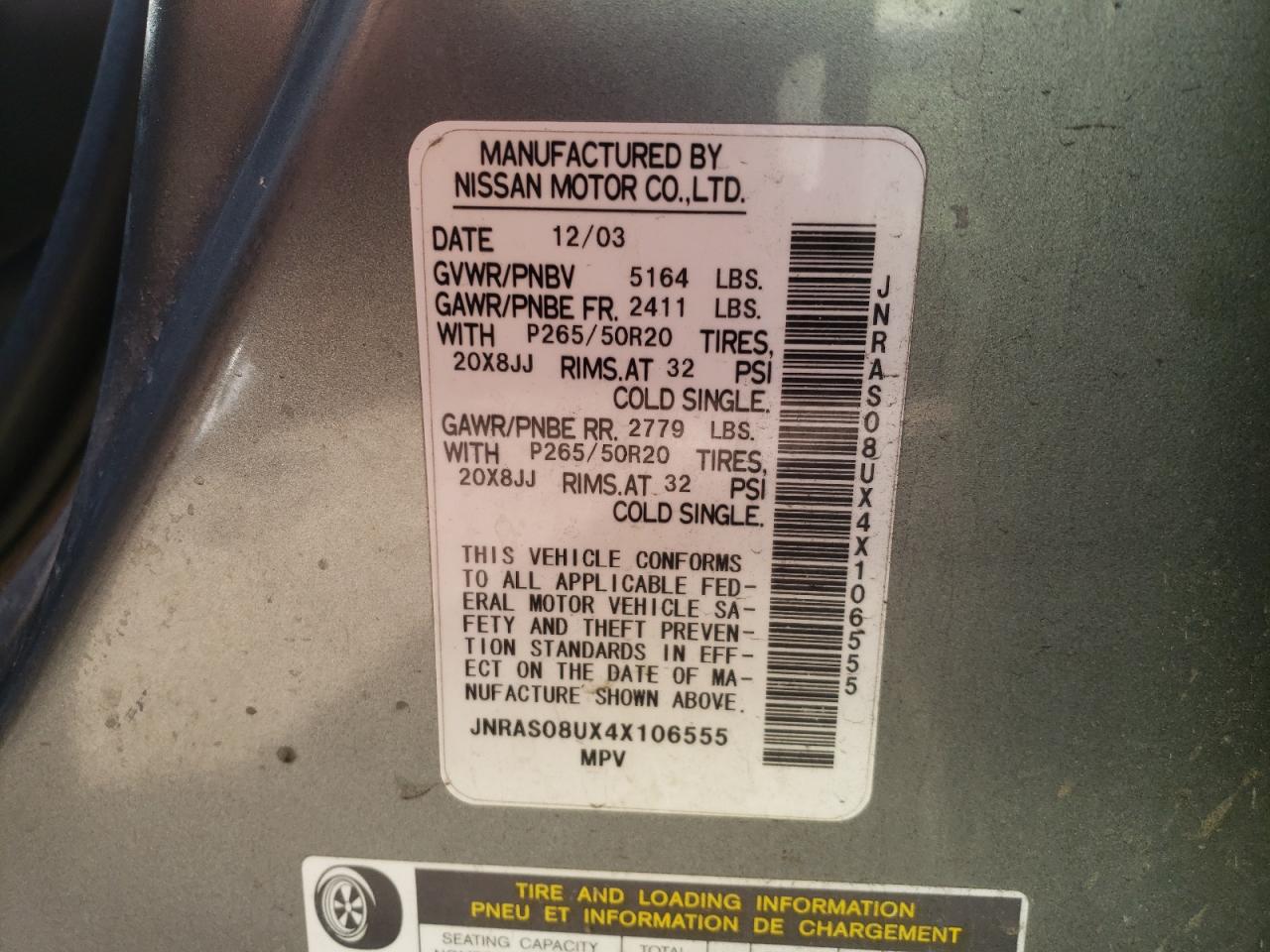 Photo 10 from auction – 2004 INFINITI FX35 with VIN JNRAS08UX4X106555