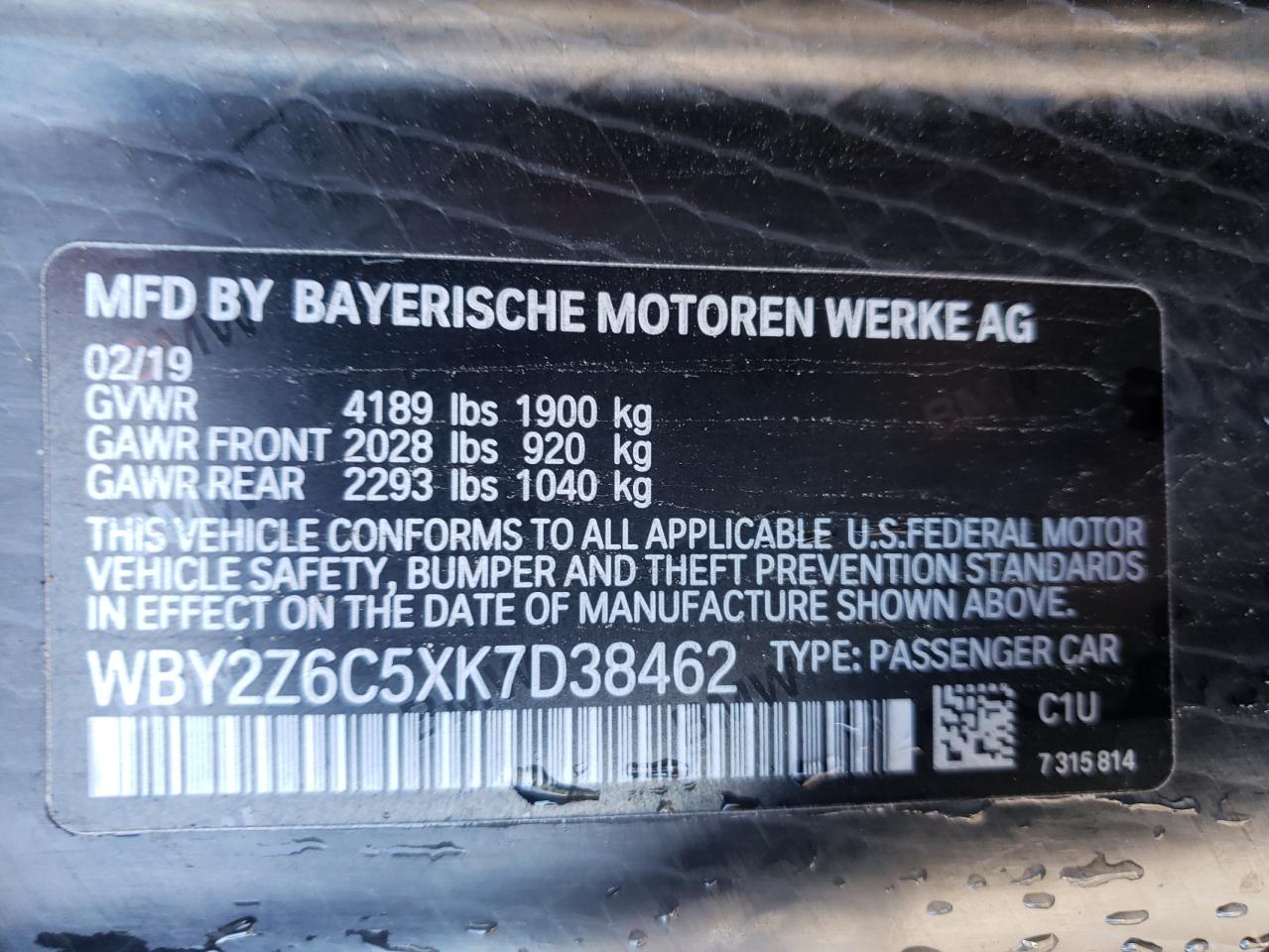 Photo 10 from auction – 2019 BMW I8 with VIN WBY2Z6C5XK7D38462