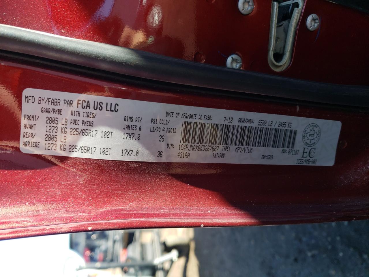 Photo 10 from auction – 2019 JEEP CHEROKEE S with VIN 1C4PJMAX8KD267607
