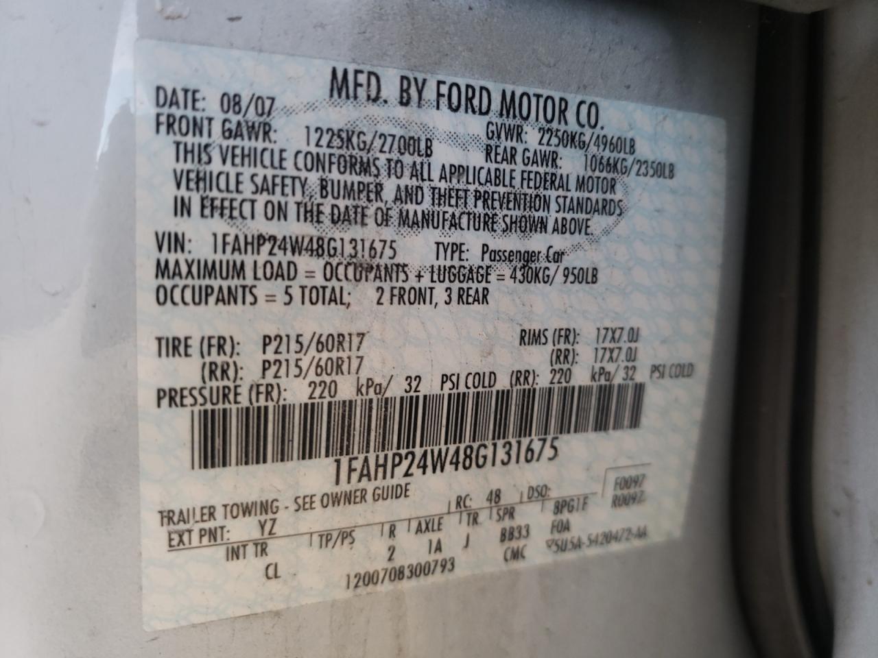 Photo 10 from auction – 2008 FORD TAURUS SEL with VIN 1FAHP24W48G131675
