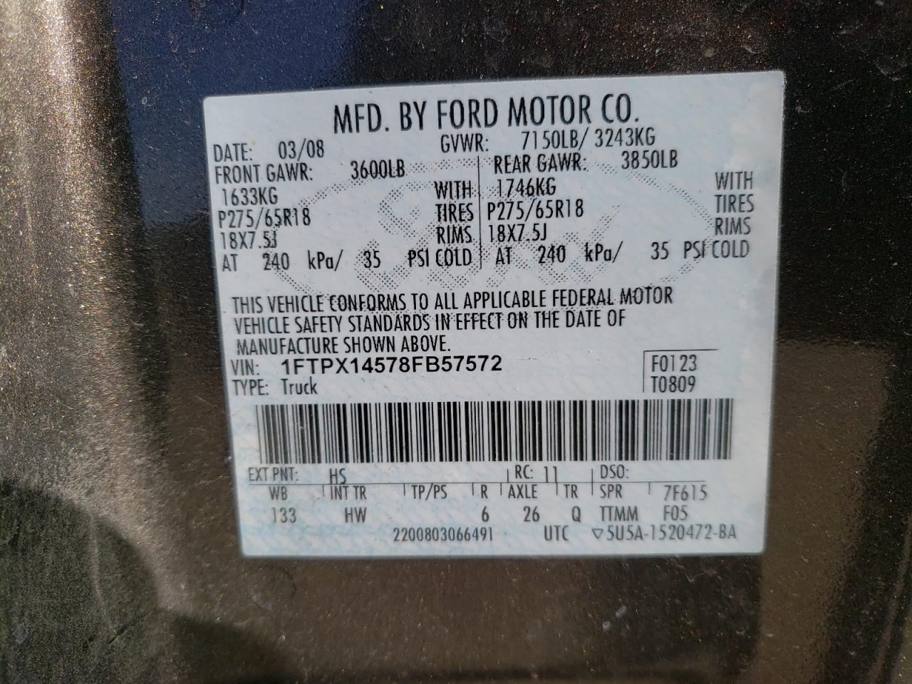 Photo 10 from auction – 2008 FORD F150 with VIN 1FTPX14578FB57572