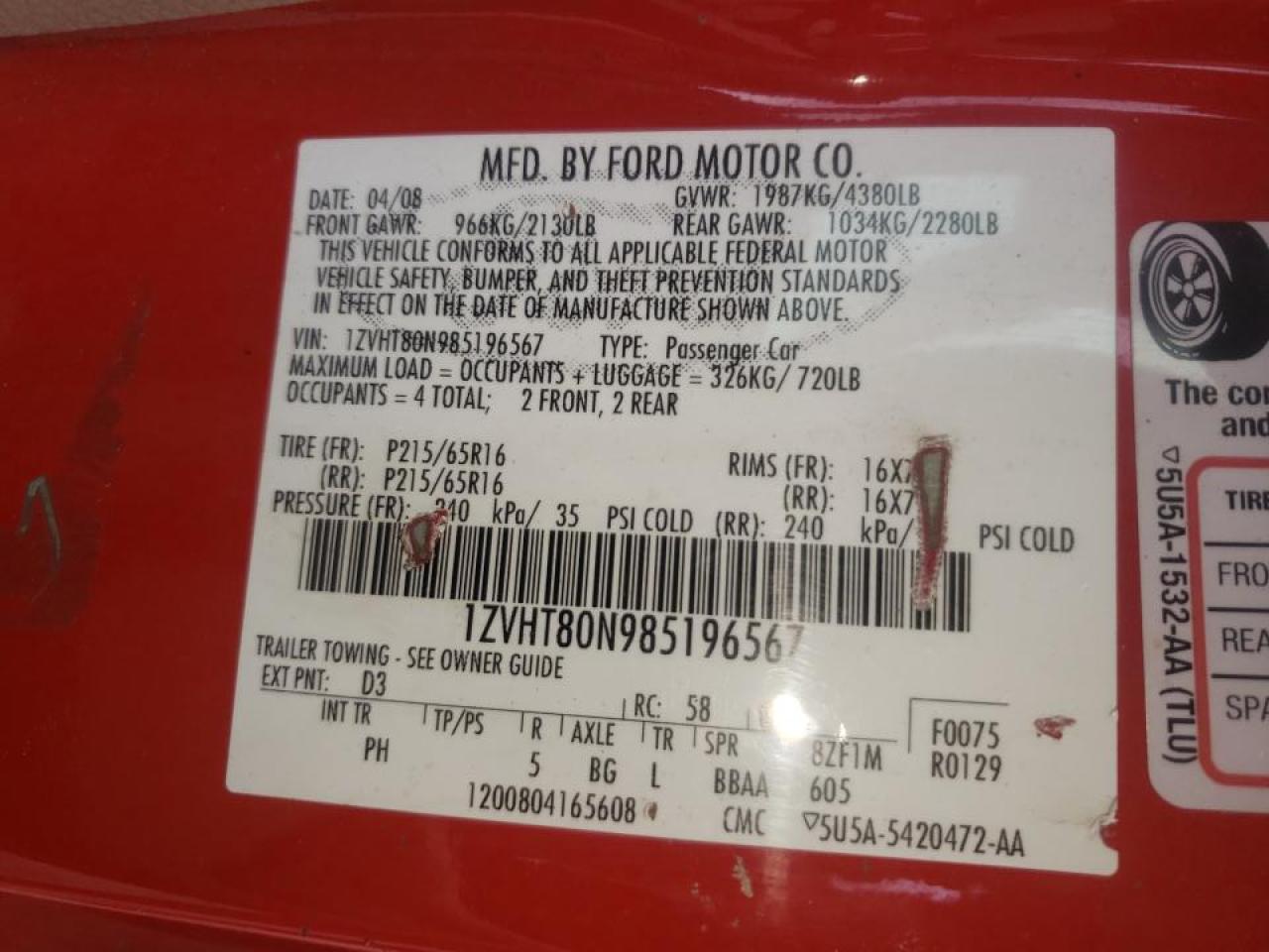 Photo 10 from auction – 2008 FORD MUSTANG with VIN 1ZVHT80N985196567