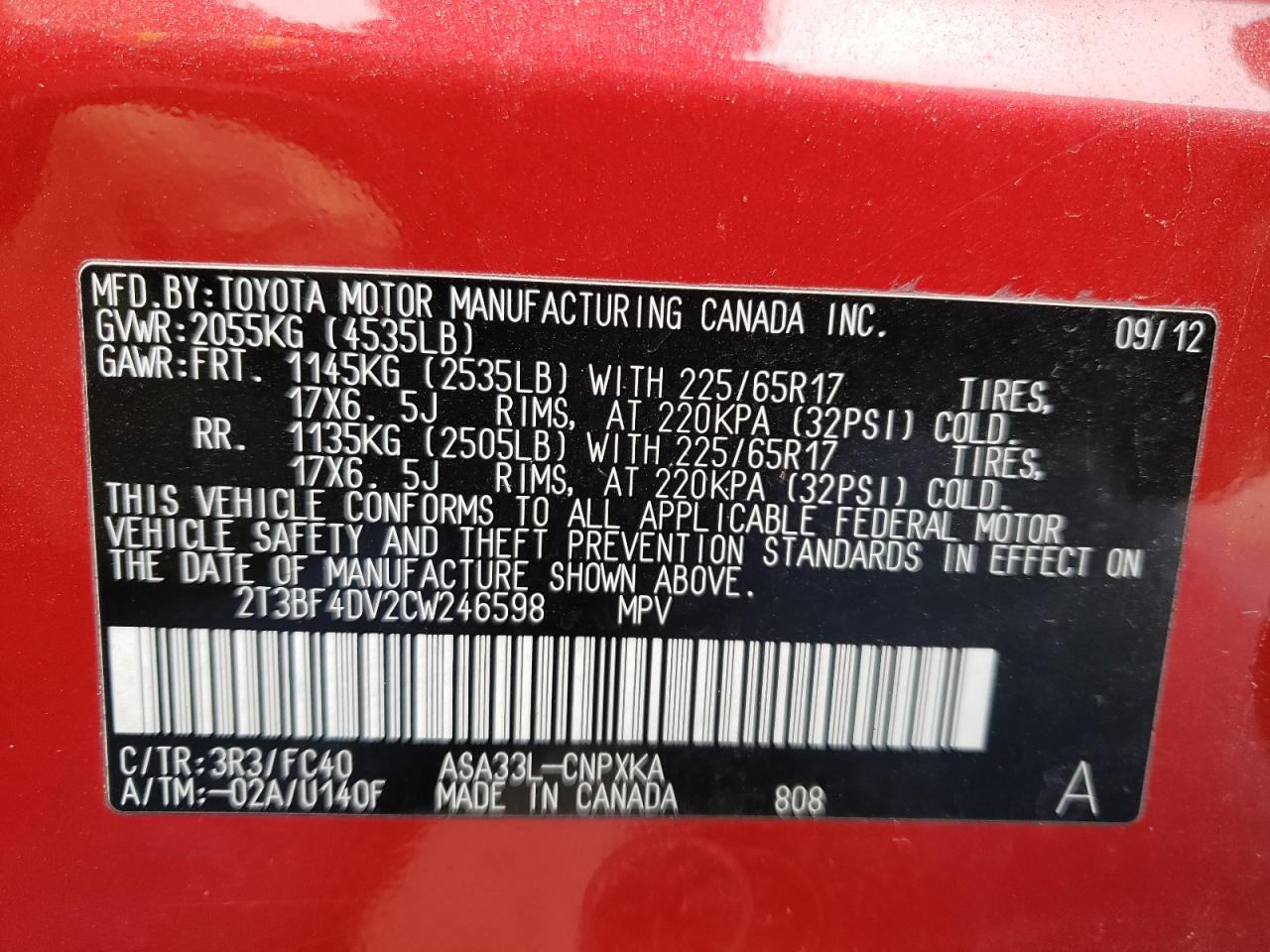 Photo 10 from auction – 2012 TOYOTA RAV4 with VIN 2T3BF4DV2CW246598