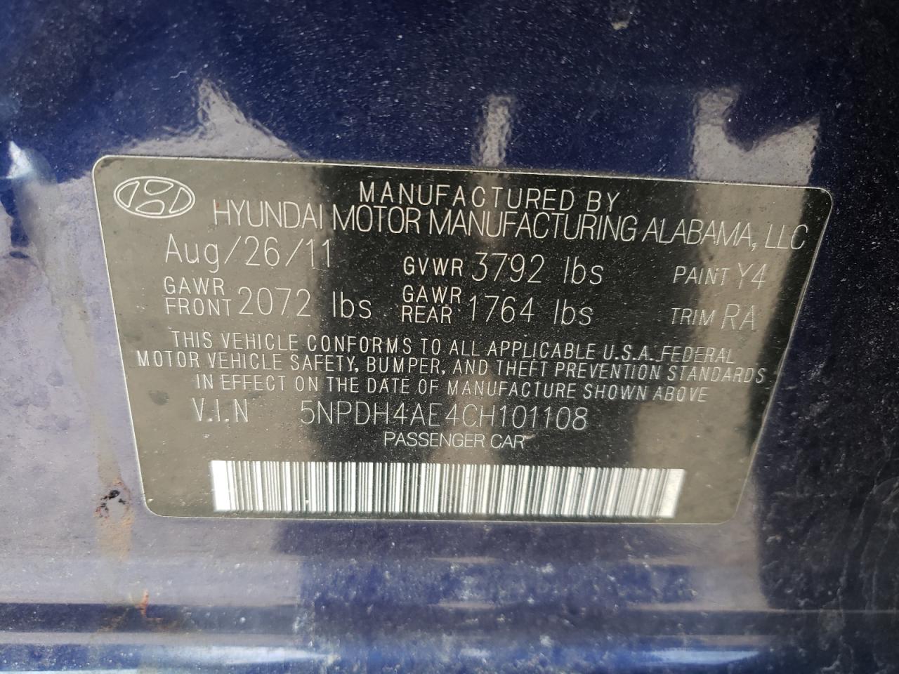 Photo 10 from auction – 2012 HYUNDAI ELANTRA GL with VIN 5NPDH4AE4CH101108