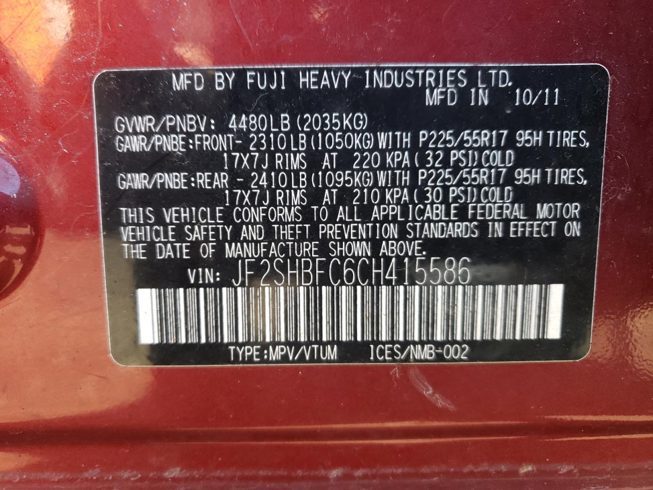 Photo 10 from auction – 2012 SUBARU FORESTER L with VIN JF2SHBFC6CH415586