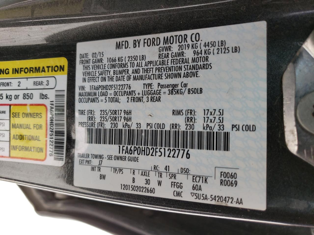 Photo 10 from auction – 2015 FORD FUSION SE with VIN 1FA6P0HD2F5122776