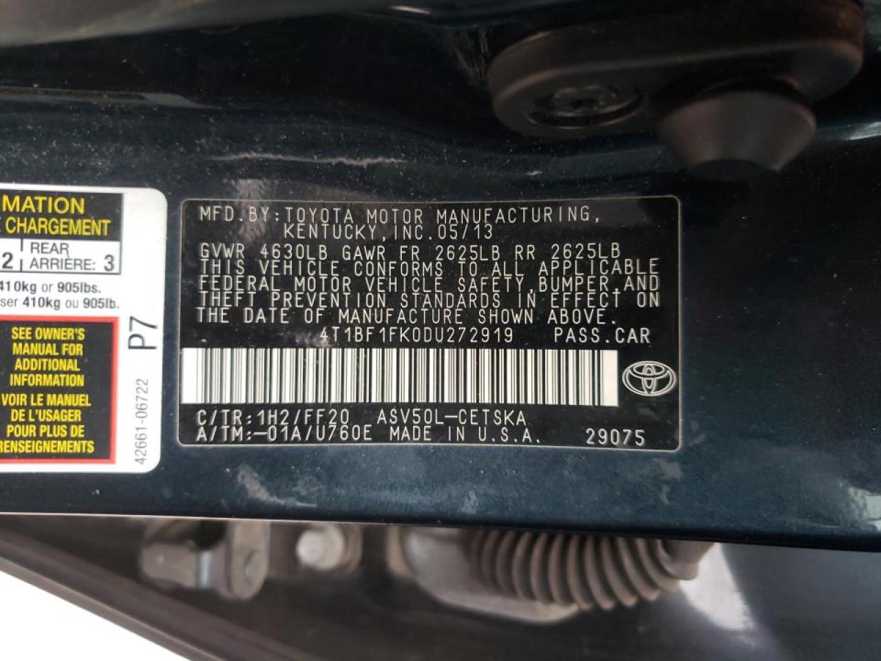 Photo 10 from auction – 2013 TOYOTA CAMRY L with VIN 4T1BF1FK0DU272919