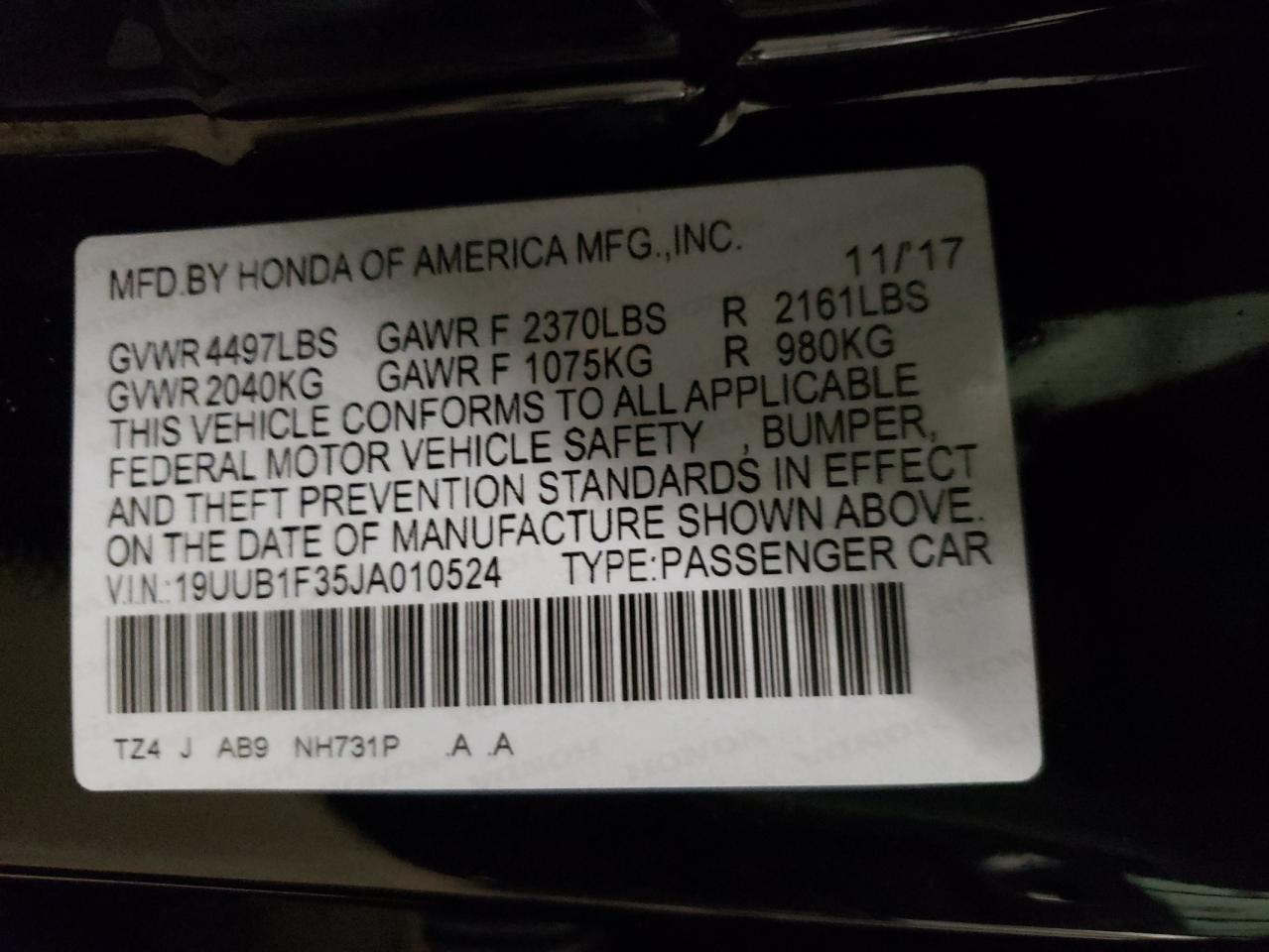 Photo 10 from auction – 2018 ACURA TLX with VIN 19UUB1F35JA010524