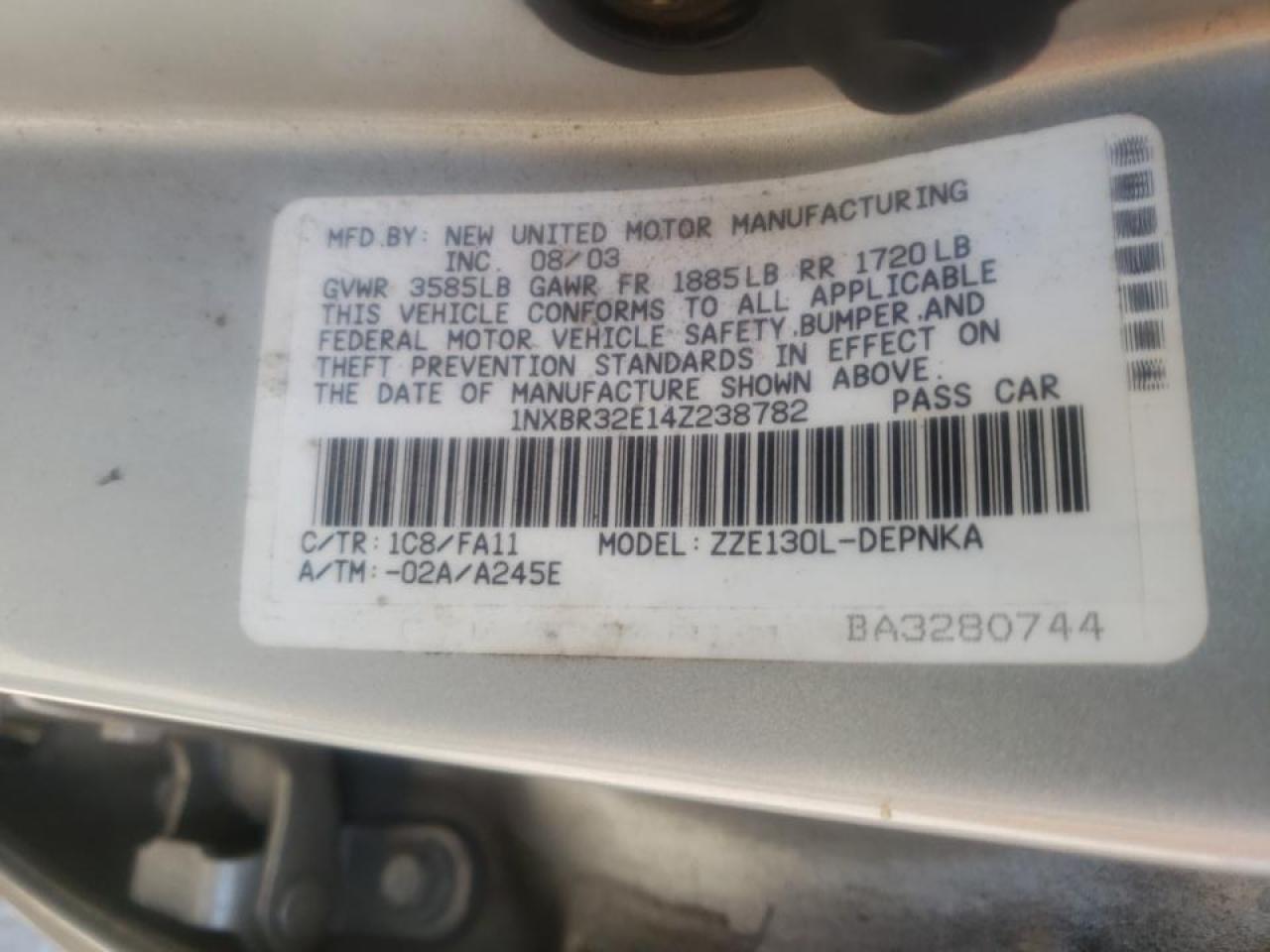 Photo 10 from auction – 2004 TOYOTA COROLLA CE with VIN 1NXBR32E14Z238782