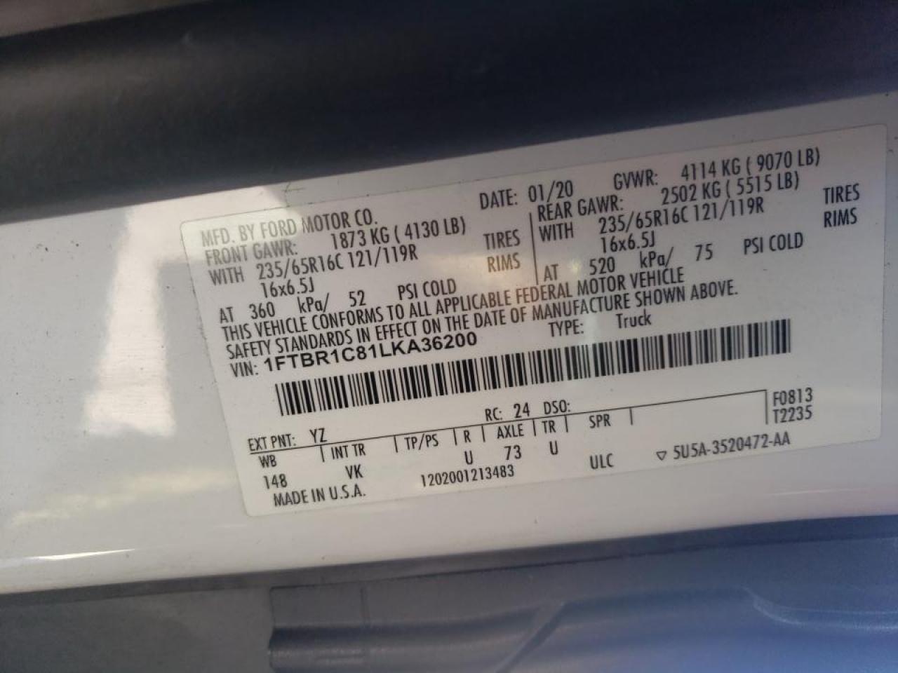 Photo 10 from auction – 2020 FORD TRANSIT T- with VIN 1FTBR1C81LKA36200