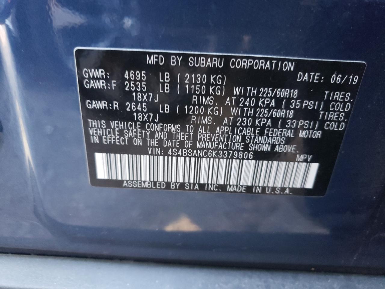 Photo 10 from auction – 2019 SUBARU OUTBACK 2. with VIN 4S4BSANC6K3379806