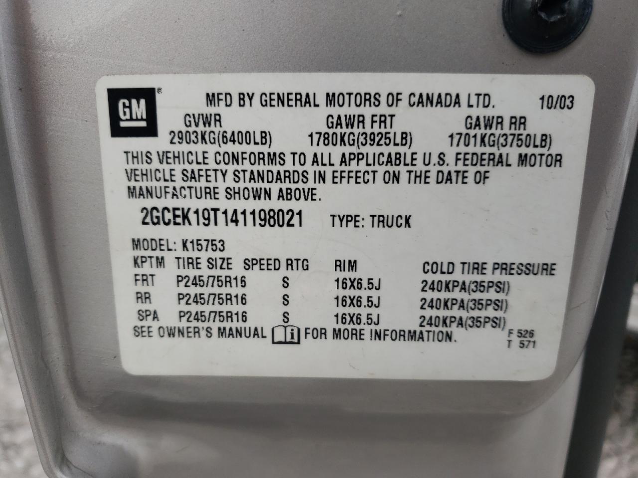 Photo 10 from auction – 2004 CHEVROLET SILVERADO with VIN 2GCEK19T141198021
