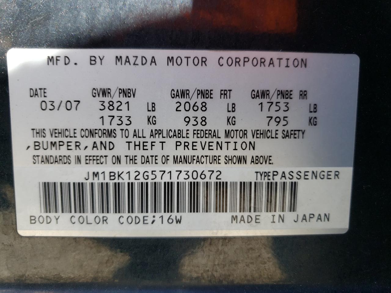 Photo 10 from auction – 2007 MAZDA 3 I with VIN JM1BK12G571730672