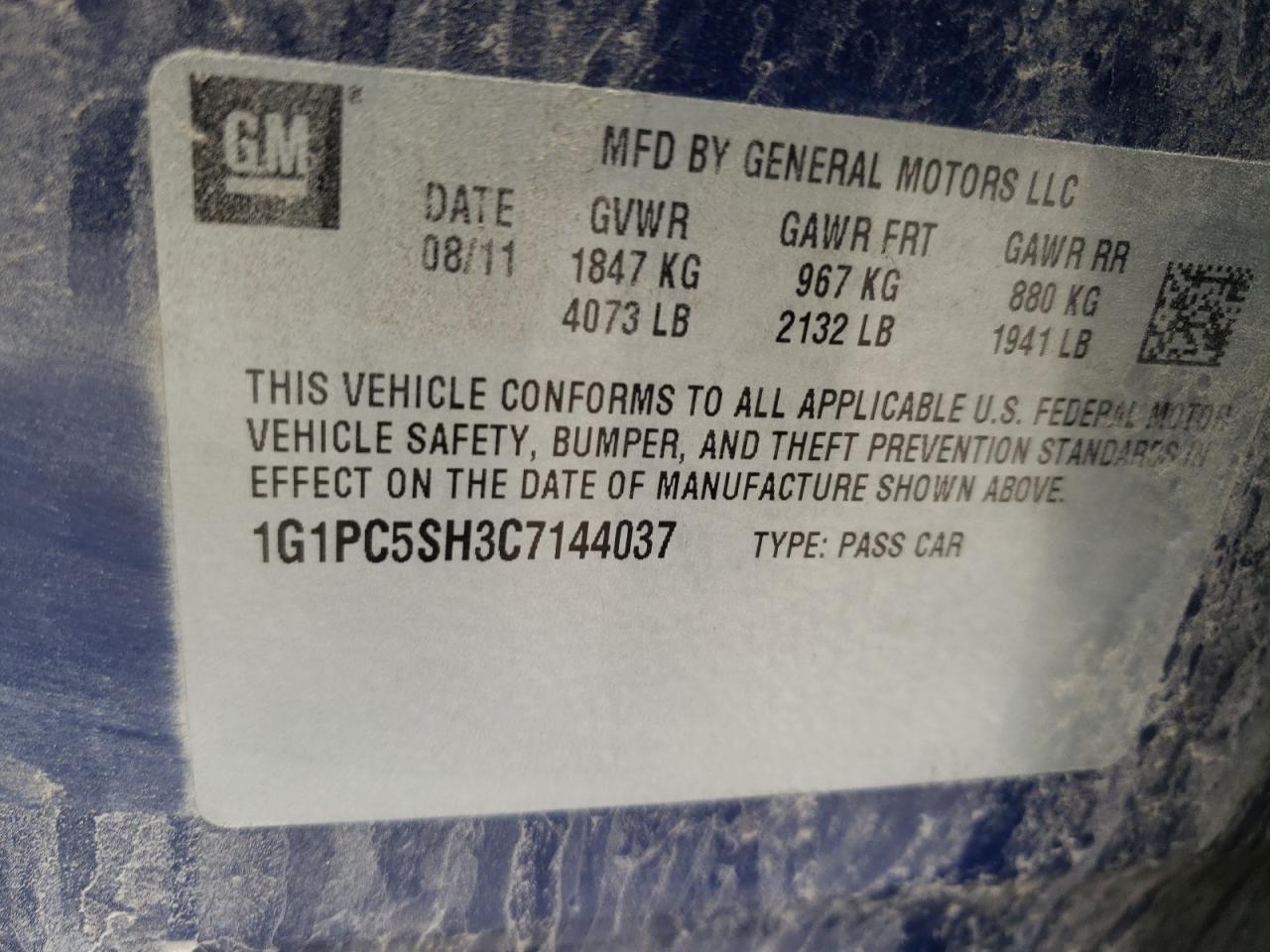 Photo 10 from auction – 2012 CHEVROLET CRUZE LS with VIN 1G1PC5SH3C7144037