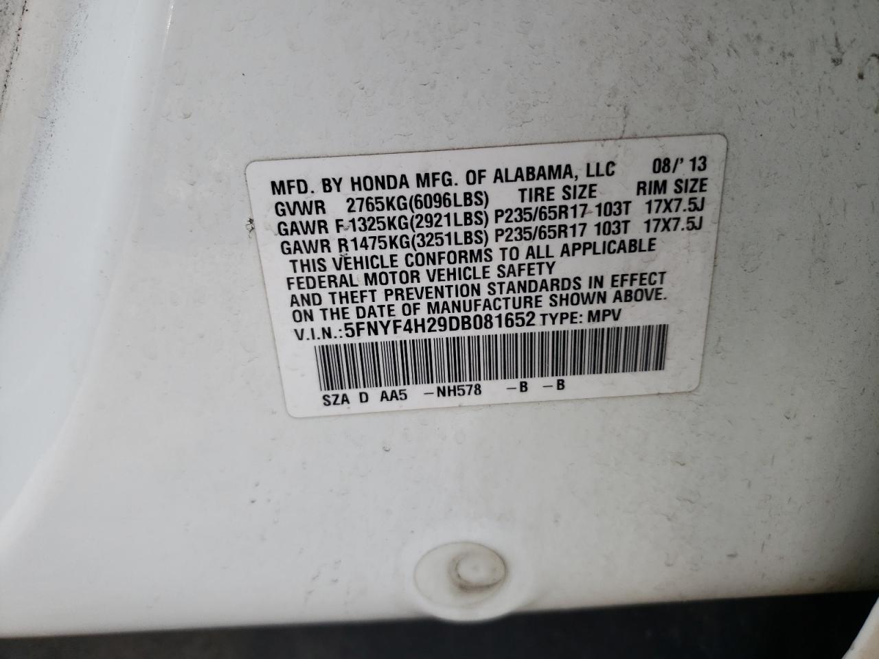 Photo 10 from auction – 2013 HONDA PILOT LX with VIN 5FNYF4H29DB081652