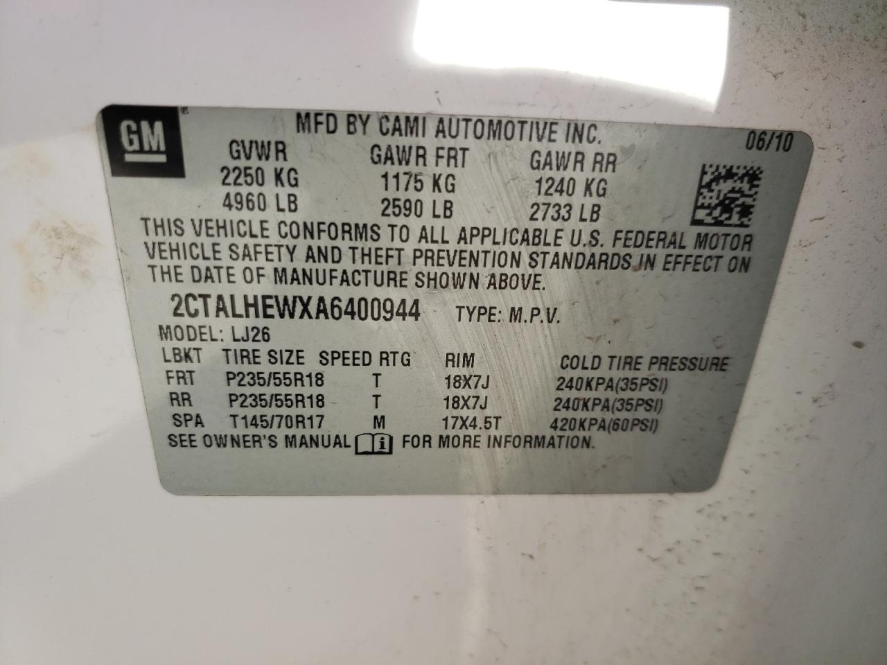Photo 10 from auction – 2010 GMC TERRAIN with VIN 2CTALHEWXA6400944