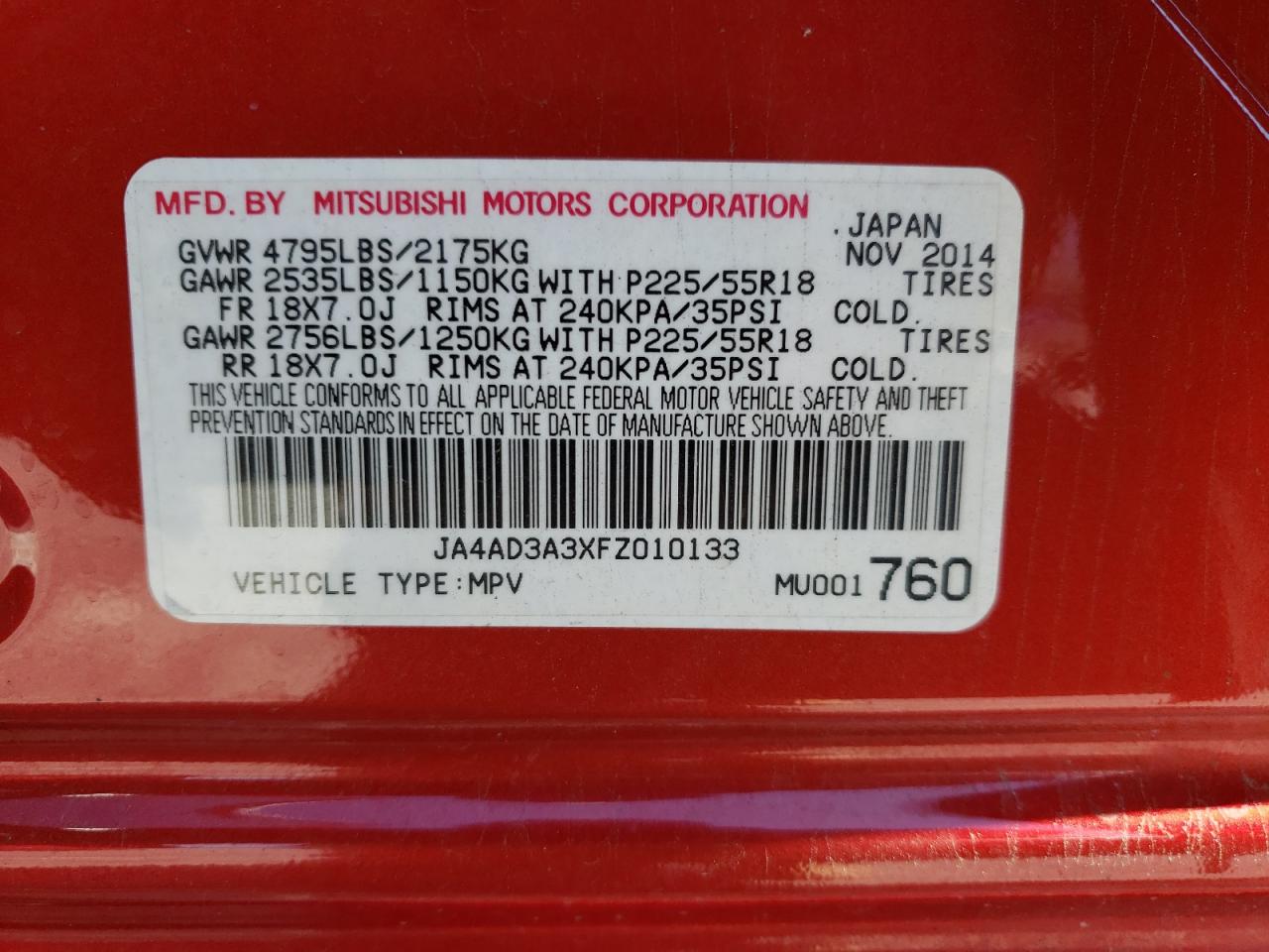 Photo 10 from auction – 2015 MITSUBISHI OUTLANDER with VIN JA4AD3A3XFZ010133