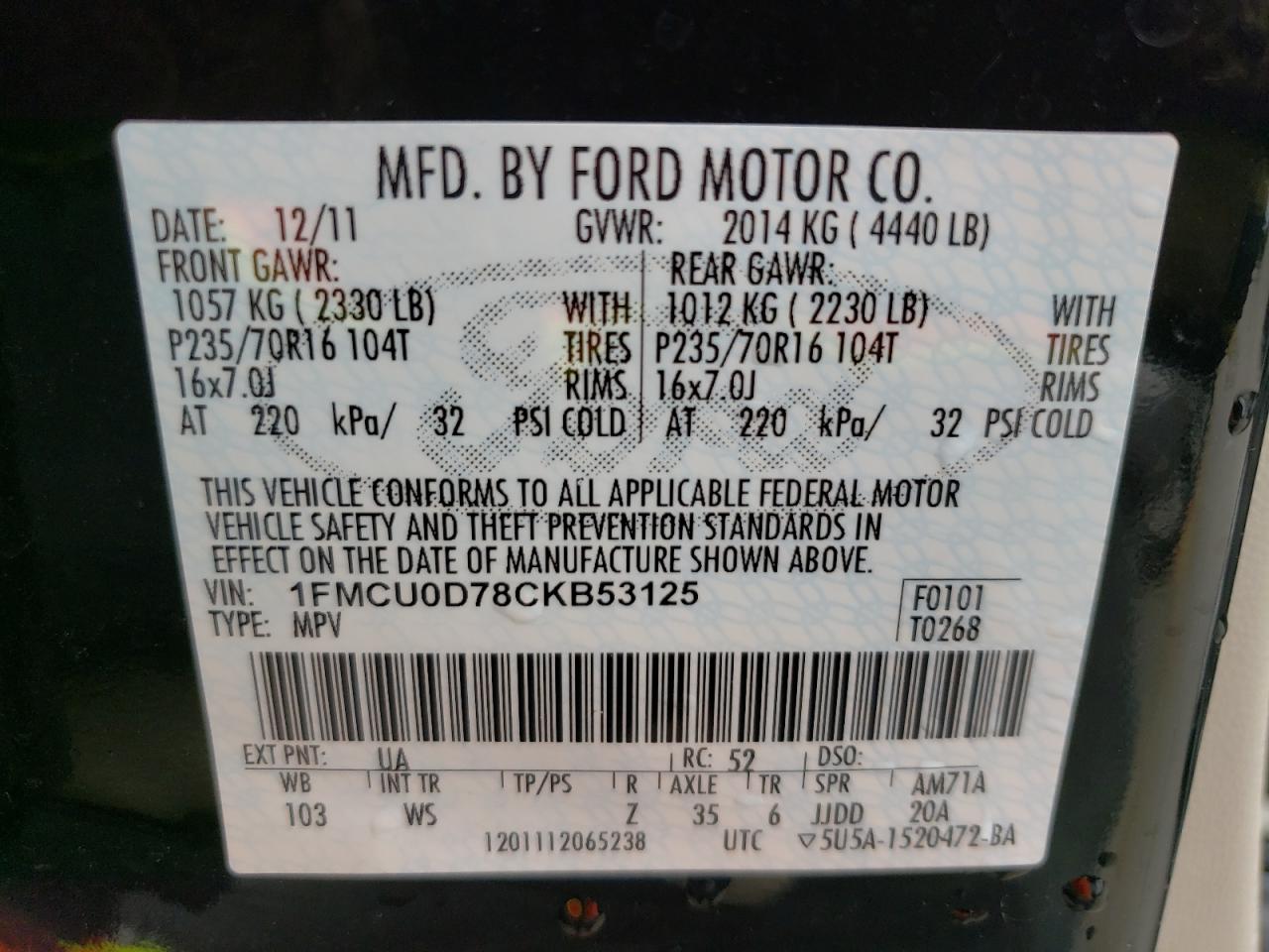 Photo 10 from auction – 2012 FORD ESCAPE XLT with VIN 1FMCU0D78CKB53125