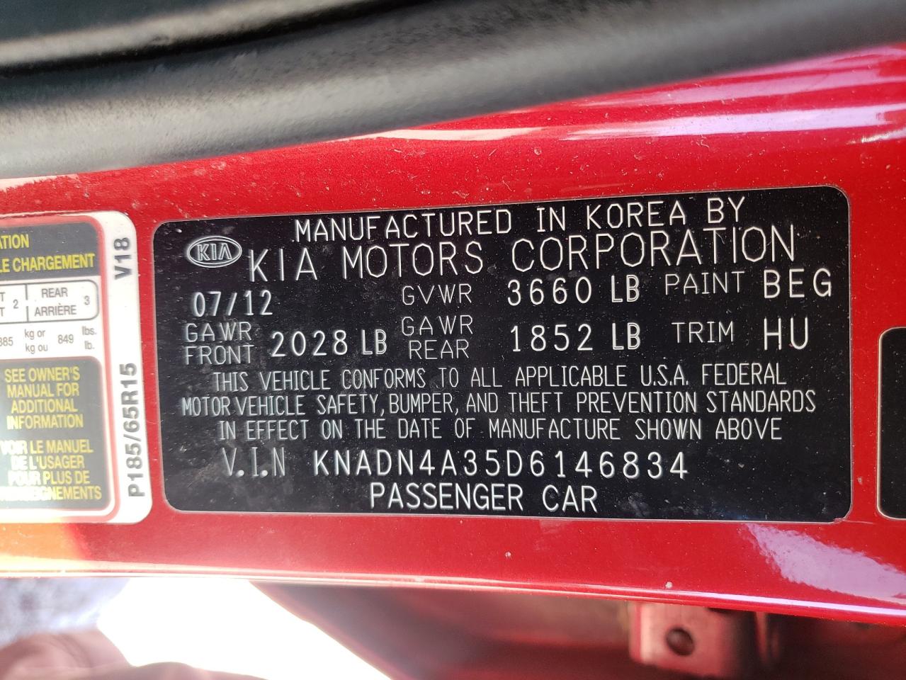 Photo 10 from auction – 2013 KIA RIO EX with VIN KNADN4A35D6146834
