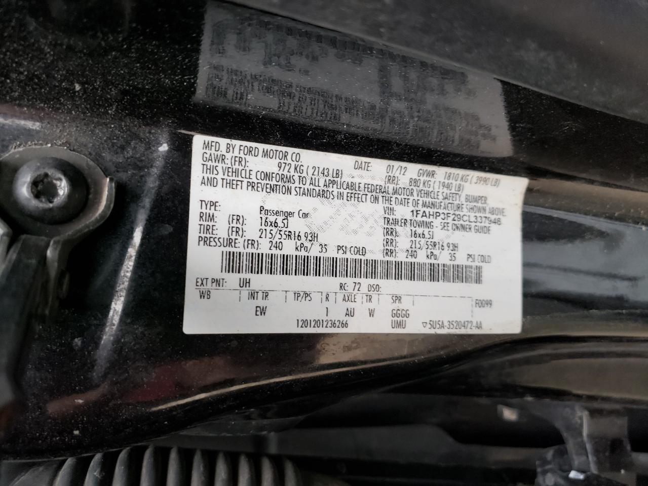Photo 10 from auction – 2012 FORD FOCUS SE with VIN 1FAHP3F29CL337946
